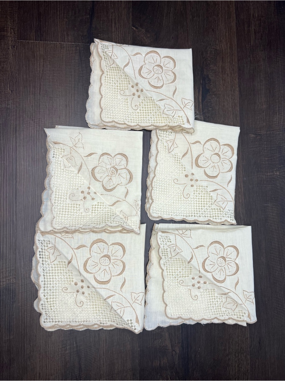 Set of Five Vintage Off White and Brown Napkins